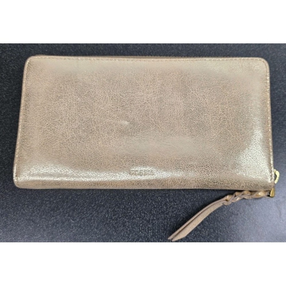 Fossil Rose Gold Leather Zip-Around Credit Card Wallet Multi Pocket Shimmer Boho